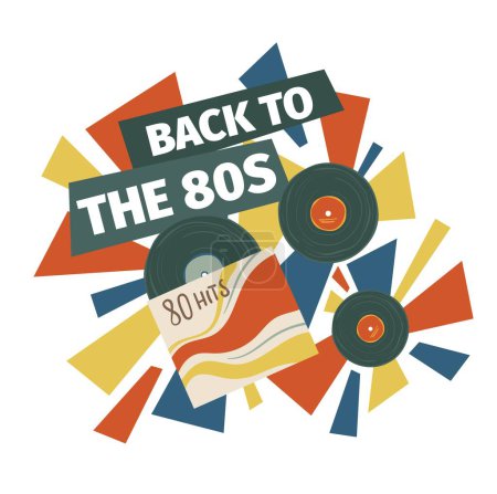 Illustration for Eighties hits and best songs compositions. Back to 80s, vinyl records with music for disco and entertainment. Recorded tapes and colorful stripes, nostalgia banner with text. Vector in flat style - Royalty Free Image