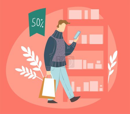 Illustration for Male character looking at smartphone and browsing sales for holidays and special occasions. Man with phone shopping online in the internet. Sales and discounts, clearances. Vector in flat style - Royalty Free Image