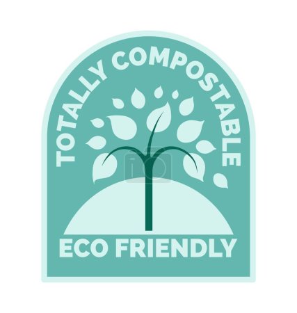 Ilustración de Bienes ecológicos y totalmente compostables. Árbol con hojas en el logotipo para el productor. Medio ambiente y conservación de la naturaleza y ayuda. Etiqueta o emblema del producto para el envase. Vector en estilo plano - Imagen libre de derechos