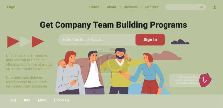 Illustration for Team building programs, weekend fun for employees. Spending time with colleagues making relationships. Company care for workers. Website landing page template, internet site. Vector in flat style - Royalty Free Image