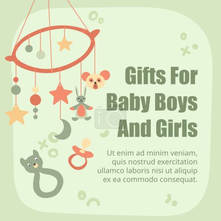 Illustration for Presents for baby boys and girls, plaything on threads hanging above crib. Rabbits and bears, moons and stars, planet and cosmos celestial bodies. Promotional banner of shop. Vector in flat style - Royalty Free Image