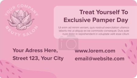 Illustration for Spa salon service, treat yourself to exclusive pamper day. Business card with name of company and center, website page and email, physical address and information service. Vector in flat style - Royalty Free Image