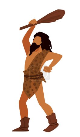 Ilustración de Hombre antiguo cazando durante el período de la edad de piedra, hombre de las cavernas civilización primitiva. Personaje masculino con instrumento de madera, cazador o guerrero con arma, vector homo sapiens de Neanderthals en estilo plano - Imagen libre de derechos
