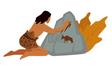 Illustration for Creativity and means of communication in paleolithic era. Caveman painting bison or bull on rock. prehistoric or ancient times, ethnic and cultural heritage or antique people, vector in flat style - Royalty Free Image