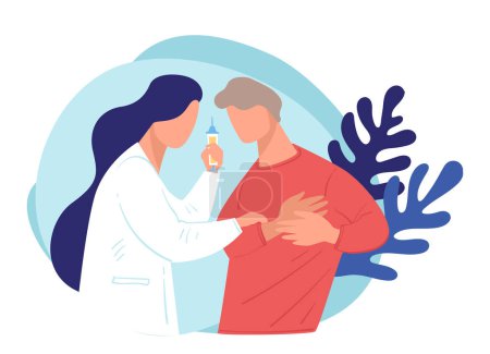 Illustration for Nurse giving shot or painkillers for patients with aching heart. Male character having stroke in hospital or clinics with doctor. Doc caring for male, lady giving treatment for man, vector in flat - Royalty Free Image