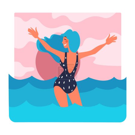 Ilustración de Personaje femenino vistiendo traje de baño disfrutando de vacaciones, sol y olas de mar u océano. Playa o playa, mujer en traje de baño tomando el sol o posando para la foto, modelo adolescente, vector en estilo plano - Imagen libre de derechos