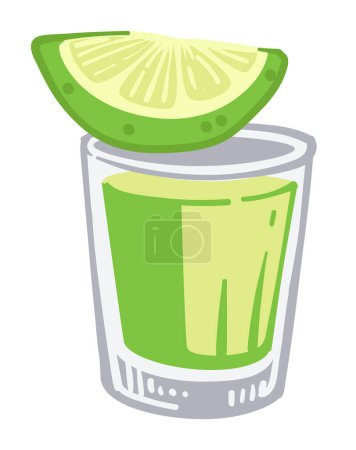 Illustration for Traditional mexican alcoholic drink, isolated icon of grass with poured tequila and lime slice. Booze with citrus, serving in pub or bar. Fresh shot of refreshment, strong liquor vector in flat - Royalty Free Image