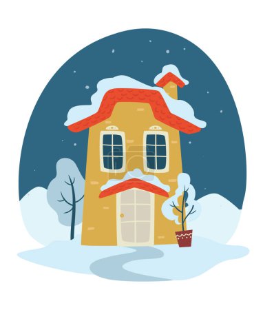 Illustration for Rooftop of house covered with snow, winter landscape of rural area. Calm scene of cottage or chalet. Architecture of building in countryside. Mansion with decorative plant in pot, vector in flat style - Royalty Free Image