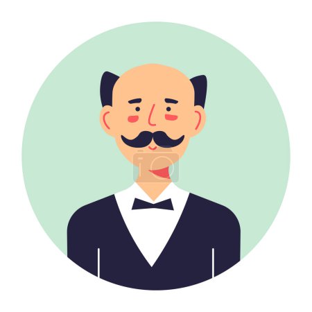 Illustration for Portrait of male character with mustache, isolated circle banner with man of middle age. Butler worker wearing official suit with bow tie. Wrinkled personage in thoughts, brunette vector in flat - Royalty Free Image