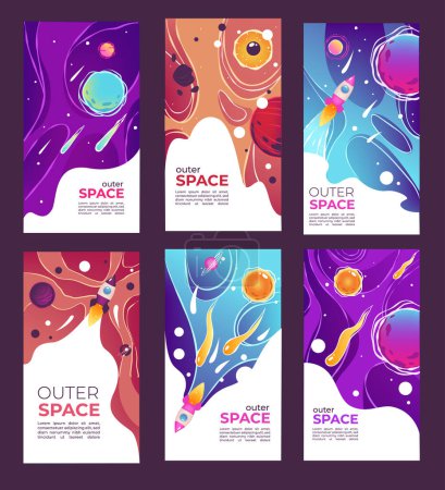 Illustration for Universe and outer space covers. Planets and stars, asteroids and sunshine. Celestial bodies and flying rockets, spaceship launching. Traveling in cosmos, futuristic adventures. Vector in flat style - Royalty Free Image