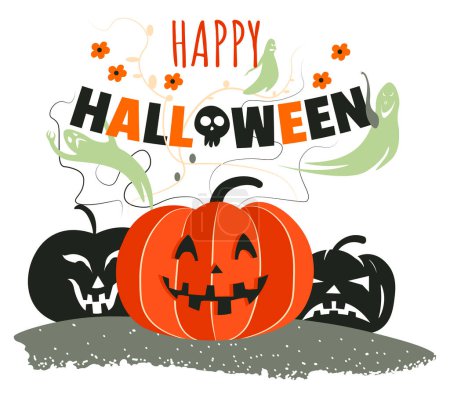 Illustration for Celebration of autumn holiday in october, autumn seasonal event. Happy halloween greeting poster with jack o lanterns, carved faces and decorative text. Smiling pumpkins vector in flat style - Royalty Free Image