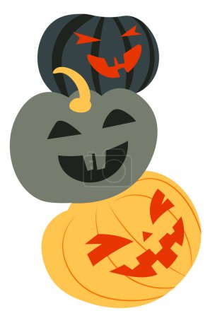 Illustration for Halloween symbolic pumpkins with carved faces, jack o lanterns isolated. Illuminated veggies with eerie expressions and grins, evil eyes and smiles. Celebration of autumn season, vector in flat - Royalty Free Image