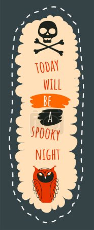 Illustration for Halloween party to celebrate autumn holiday, spooky night traditional festive events on all hallows eve. Mysterious creatures and dark atmosphere, invitation with skull and owl, vector in flat - Royalty Free Image