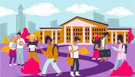 Illustration for Teenagers strolling in territory of university. Students preparing for lessons and classes, revising material for exams. Educational establishment with boys and girls students, vector in flat - Royalty Free Image