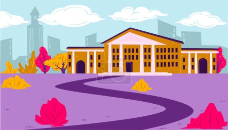Illustration for School or college, university educational establishment exterior with yard. Building and outdoors field territory with bushes, paths and trees. Campus and cityscapes behind, vector in flat style - Royalty Free Image