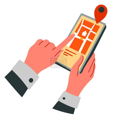 Illustration for Screen of phone with map and location pointer. Hands of man and cell with navigation gps. Finding place, traveling on vacation. City with streets and building blocks in smartphone, vector in flat - Royalty Free Image