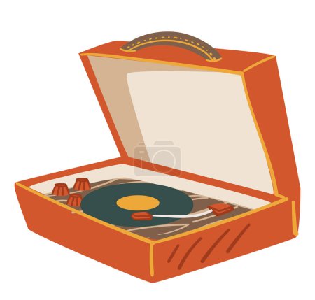 Illustration for Player of vinyl plates, vintage or old school recorder. Classic music hits and popular songs on tape. Systems with needle to play melodies. Nostalgia for past, listening vector in flat style - Royalty Free Image