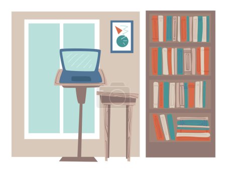 Illustration for Workplace at office or home, interior design of working place. Bookcase with books and references, table with laptop and poster with chart or graphics. Large window and chair, vector in flat style - Royalty Free Image