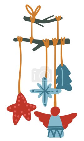 Illustration for Christmas decor for home decoration and adornment, isolated wooden cuts hanging on thread. Stars and pine tree, snowflake and angel shaped figures. Xmas winter celebration. Vector in flat style - Royalty Free Image