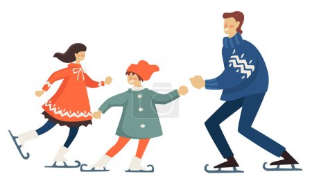 Diversión familiar de invierno de mamá, papá e hija. Padre y madre con niño patinaje artístico en pista de hielo. Recreación y vacaciones activas de las personas. Deportes y relajación al aire libre. Vector en estilo plano