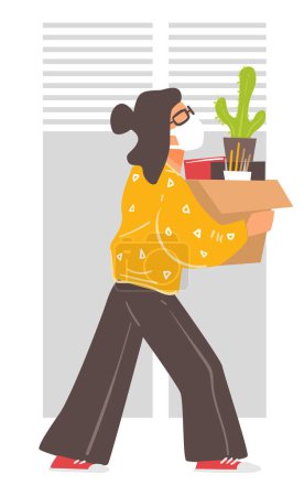 Illustration for Employee walking with box with personal belonging. Female character leaving office during quarantine. Coronavirus disease outbreak and spreading. Going home for freelancing and safety, vector in flat - Royalty Free Image