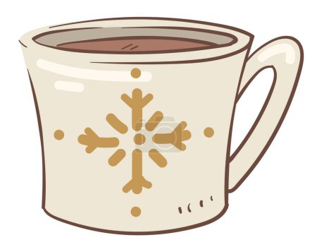 Ilustración de Café aromático o té vertido en taza con estampado de copo de nieve. Taza aislada con bebida caliente. Deliciosa bebida con canela y hierbas o cafeína. Año nuevo y Navidad. Vector en estilo plano - Imagen libre de derechos