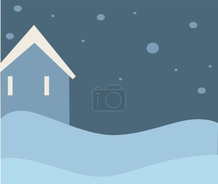 Illustration for Night landscape with house and snowing weather. Winter view with building and blizzard. Village or small town, cottage or chalet in suburbs. Cityscape in evening on snowfall. Vector in flat style - Royalty Free Image