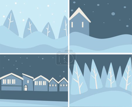 Illustration for Landscapes and cityscapes with snowfall and snowflakes. Forests and buildings covered with snow. Blizzard in town or village, snowstorm scenery. Skylines on christmas time, vector in flat style - Royalty Free Image