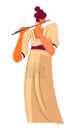 Illustration for Flute player playing songs, isolated flutist performer. Artist using wind instrument, music classes or workshop, concert or rehearsal of band. Professional musician or hobby. Vector in flat style - Royalty Free Image