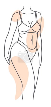 Téléchargez les illustrations : Women shapes, legs and thighs, belly and breasts. Lady wearing underwear or lingerie, advertisement or spa salon procedure. Isolated female body part. Monochrome sketch outline, vector in flat style - en licence libre de droit