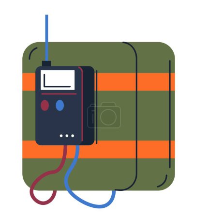 Illustration for Detonation system on bomb and explosive weapons. Isolated icon of military arm with screen and cords, buttons and time showing. Arsenal or armament, weaponry. Vector in flat style illustration - Royalty Free Image