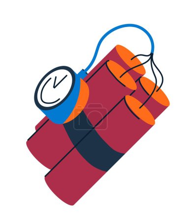 Illustration for Dynamite with detonation system, weaponry with cords and wires attached to ticking clock showing time. Destruction and military armament. Isolated icon of explosive weapon. Vector in flat style - Royalty Free Image