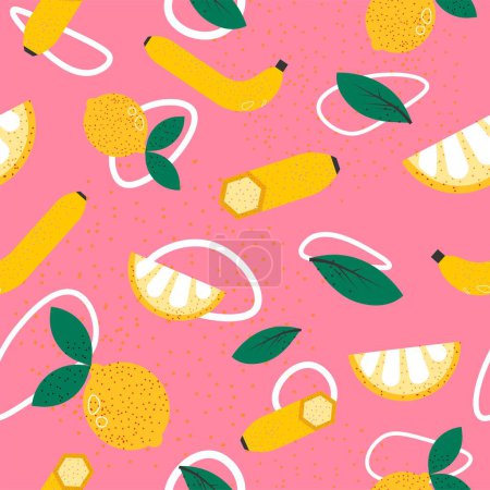 Ilustración de Tropical and exotic fruits, banana and lemon slices with leaves. Summer products and tasty ingredients for nourishment eating. Background or print, seamless pattern or print. Vector in flat style - Imagen libre de derechos
