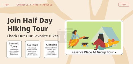 Illustration for Half day hiking tour, check out our favorite summits. Climbing with group, reserve place and enjoy nature. Hobbies and summer leisure. Website landing page template, online site. Vector in flat style - Royalty Free Image