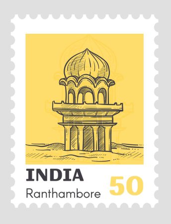 Téléchargez les illustrations : National park in India Ranthambore, post mark or card with monochrome sketch and price. Collection of stamps, hobbies. Postage mark or card, mailing, and correspondence. Vector in flat style - en licence libre de droit