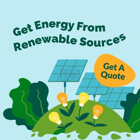 Téléchargez les illustrations : Energy from renewable sources, sustainability and ecologically friendly means to get electricity. Solar power from batteries and accumulators set in garden or field. Vector in flat style illustration - en licence libre de droit