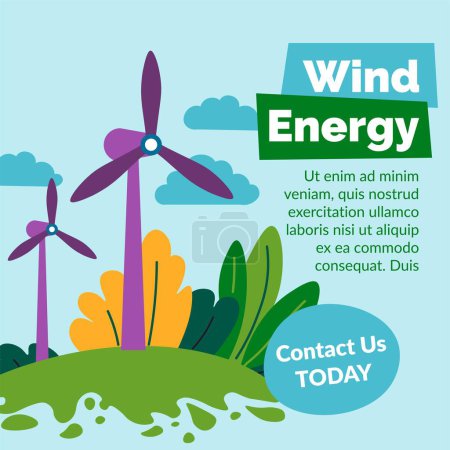 Téléchargez les illustrations : Sustainable and ecology renewable energy source, wind accumulation. Turbines produce electricity. Contact us today for info, promotional banner from shop or store service. Vector in flat style - en licence libre de droit