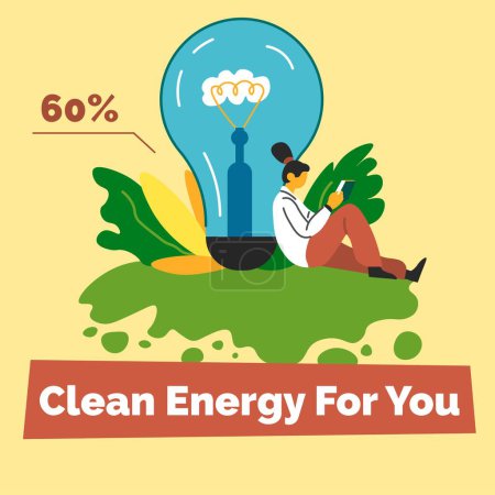Téléchargez les illustrations : Sustainability and ecology awareness, clean energy for you. Renewable sources of electricity. Woman reading book by big light bulb, natural ways of accumulation. Vector in flat style illustration - en licence libre de droit