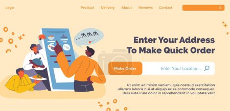 Ilustración de Ordering food and meals in internet, enter your address to make quick orders. Man choosing among types of food for lunch or dinner. Website landing page template, online site. Vector in flat style - Imagen libre de derechos