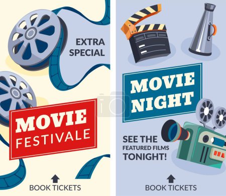 Illustration for See featured films tonight at movie night, promotional banner or event. Invitation card for visitors, extra special reels. Book tickets online, swipe up and entertain yourself. Vector in flat style - Royalty Free Image