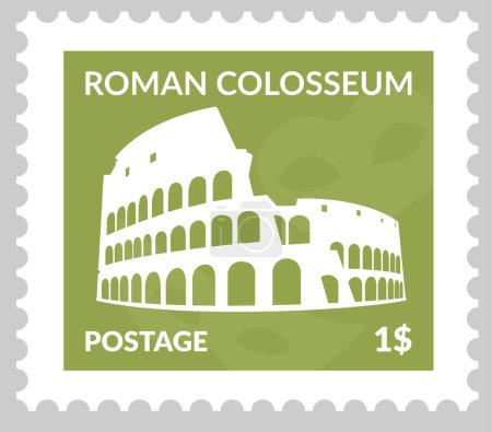 Ilustración de Colosseum in Italy Rome, Italian architecture and landmarks, famous sights on postmark or postcard. Price on piece of paper. Postage mark or card, mailing and correspondence. Vector in flat style - Imagen libre de derechos
