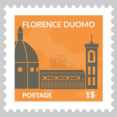 Téléchargez les illustrations : Duomo in Florence, postcard or postmark with ancient and old Italian architecture. Building with domes and arches decor. Postage mark or card, mailing and correspondence. Vector in flat style - en licence libre de droit