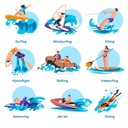 Illustration for Extreme and sports in summer, leisure, and hobbies on water. Surfing and windsurfing, Kiting and hydro lifting, rafting and kitesurfing, swimming and diving, jet skiing. Vector in flat style - Royalty Free Image