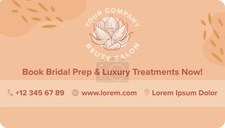 Illustration for Luxury treatments now and bridal prep, book special service from spa salon and beauty center for day. Phone number and contact information on business card with logotype, vector in flat style - Royalty Free Image
