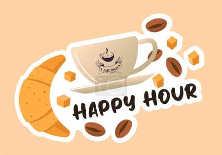 Illustration for Coffee and croissants, snack and beverages at cafe. Happy hour in restaurant, discounts and promotions for weekends, offer from owner. Advertisement and marketing, vector in flat style illustration - Royalty Free Image