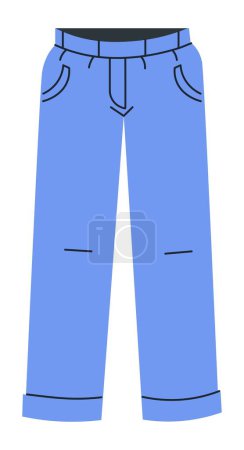 Illustration for Basic trousers clothes for men and women. Jeans with straight fit, pockets and rubber waist. Apparel and garment for use. Piece of clothing, fashion and design collection. Vector in flat style - Royalty Free Image