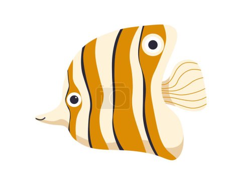 Illustration for Aquatic animal, an isolated icon of tropical or exotic fish with stripes and triangle shaped body. Fins and tail, aquarium decoration. Fauna of underwater, water dwellers. Vector in flat style - Royalty Free Image