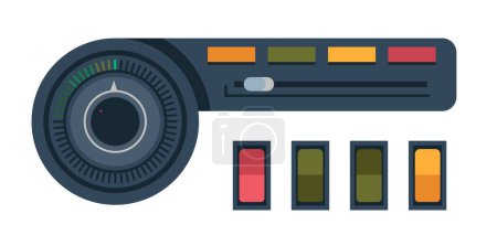 Téléchargez les illustrations : Control panel with buttons and knobs, indicators and elements of electronic or electric equipment. Isolated controller levers or switchers for turning on and off. Vector in flat style illustration - en licence libre de droit