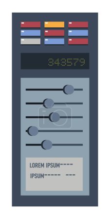 Téléchargez les illustrations : Control panel with display showing numbers, toggles and buttons, and knobs for adjusting and making settings. Electric or electronic instrument device, industry or factory. Vector in flat style - en licence libre de droit