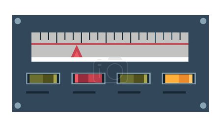 Téléchargez les illustrations : Switchers and buttons on control panel with display and measuring tape showing result. Turning on and off, adjusting settings on electronic or electric devices for work. Vector in flat style - en licence libre de droit